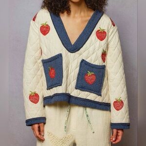 POL Strawberry Embroidered Cotton Quilted Sweatshirt Top- NWT- Medium